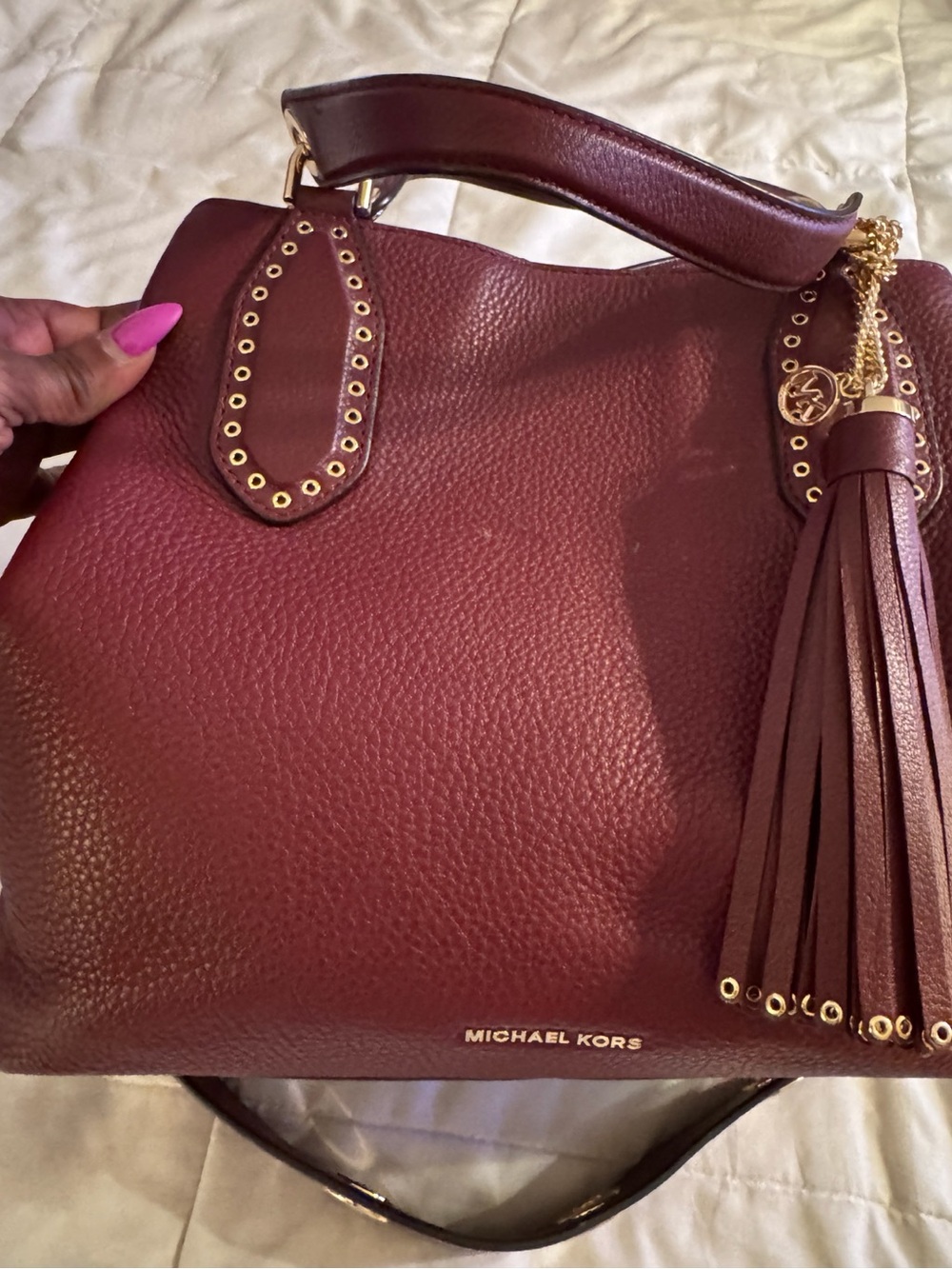 Michael Kors Wine Pebbled Leather Tassel Shoulder Bag